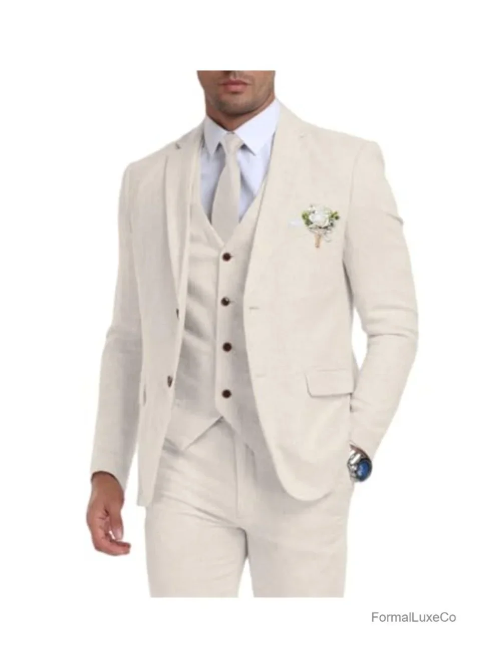 3pc Linen Suit Set Slim Fit Men's Wedding Prom Blazer Vest Pants